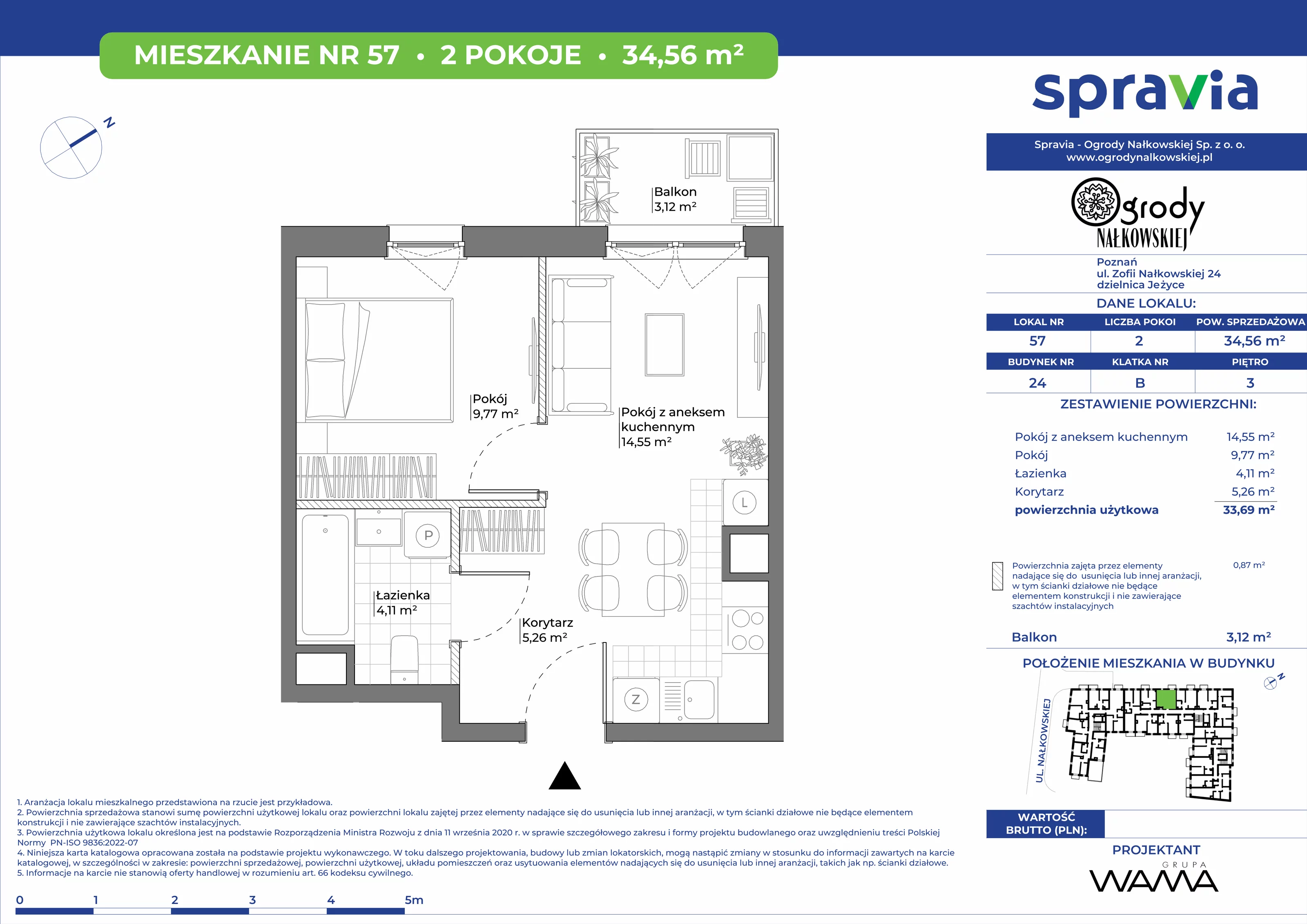 2 pokoje, mieszkanie 34,56 m², piętro 3, oferta nr 24-57, Ogrody Nałkowskiej, Poznań, Ogrody, ul. Nałkowskiej 24, 26